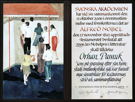 Copyright © The Nobel Foundation 2006
Artist: Karin Mamma Andersson
Calligrapher: Annika Rücker
Photo reproduction: Fredrika Berghult